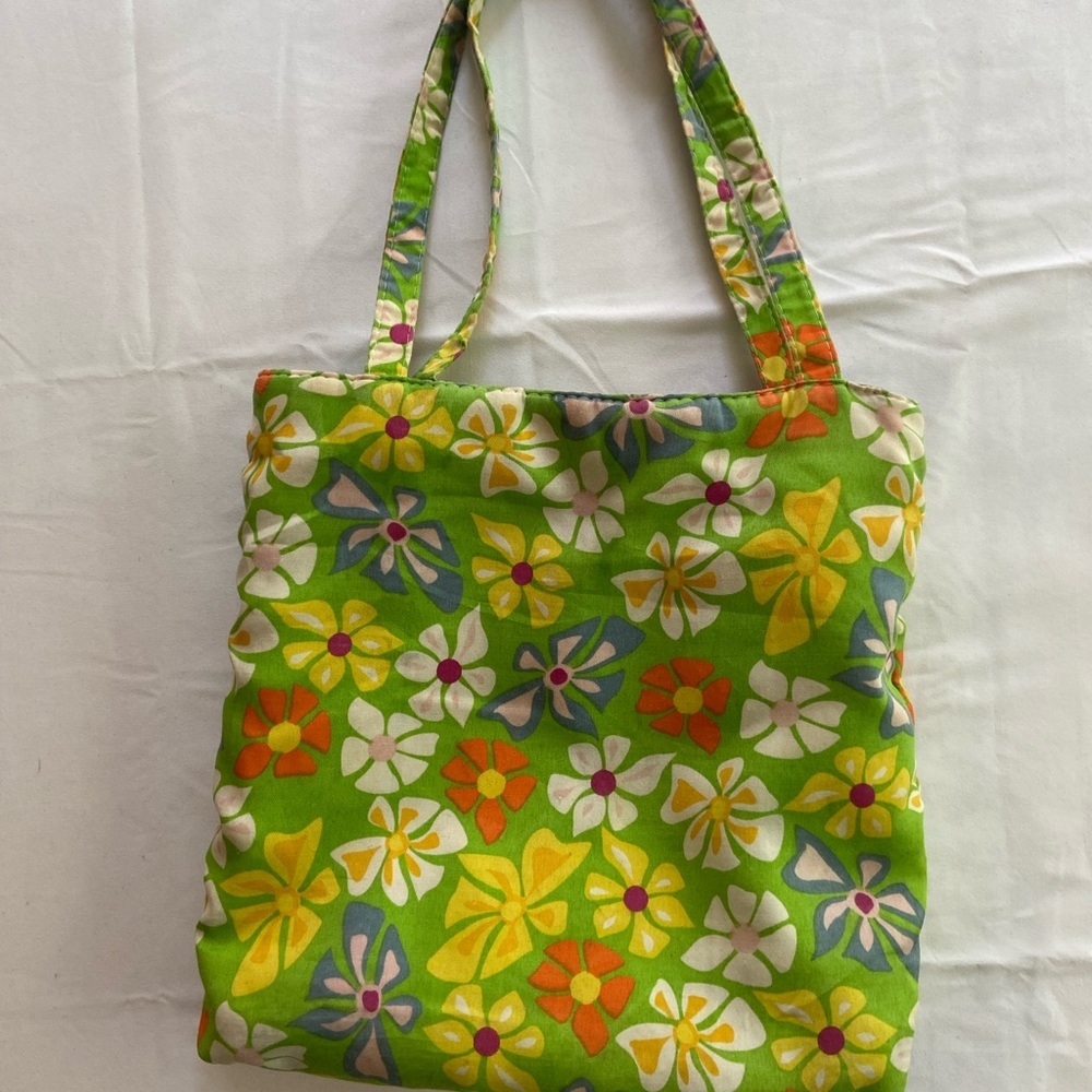 Green and Yellow Retro Floral Tote Bag 80s broken zipper